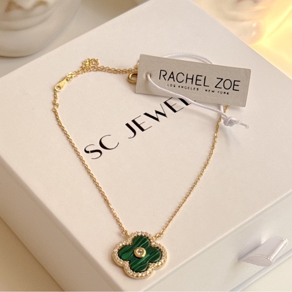 Rachel Zoe Clover Necklace Malachite Cubic Zirconia Sterling Silver - Picture 5 of 7